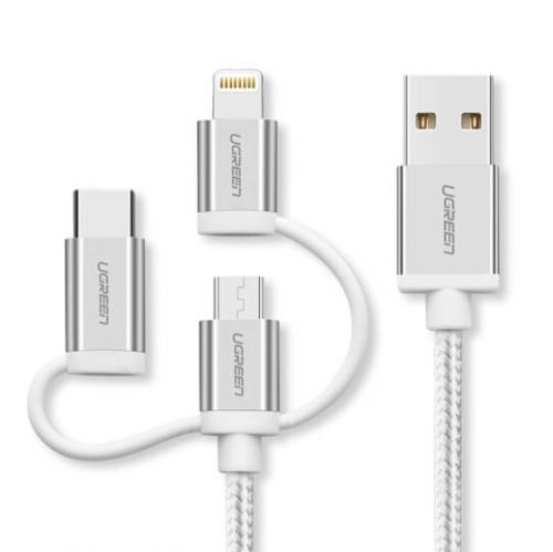 绿联 50203苹果安卓数据线三合一 USB2.0转Micro USB+Type-C+Lightning 2.4A 银白色 1.5米